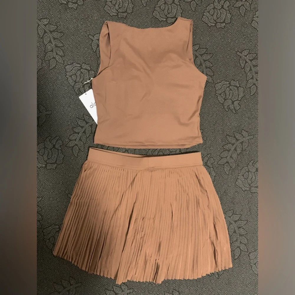 ALO Yoga Tan Pleated Skater Skirt with Matching Crop Tank